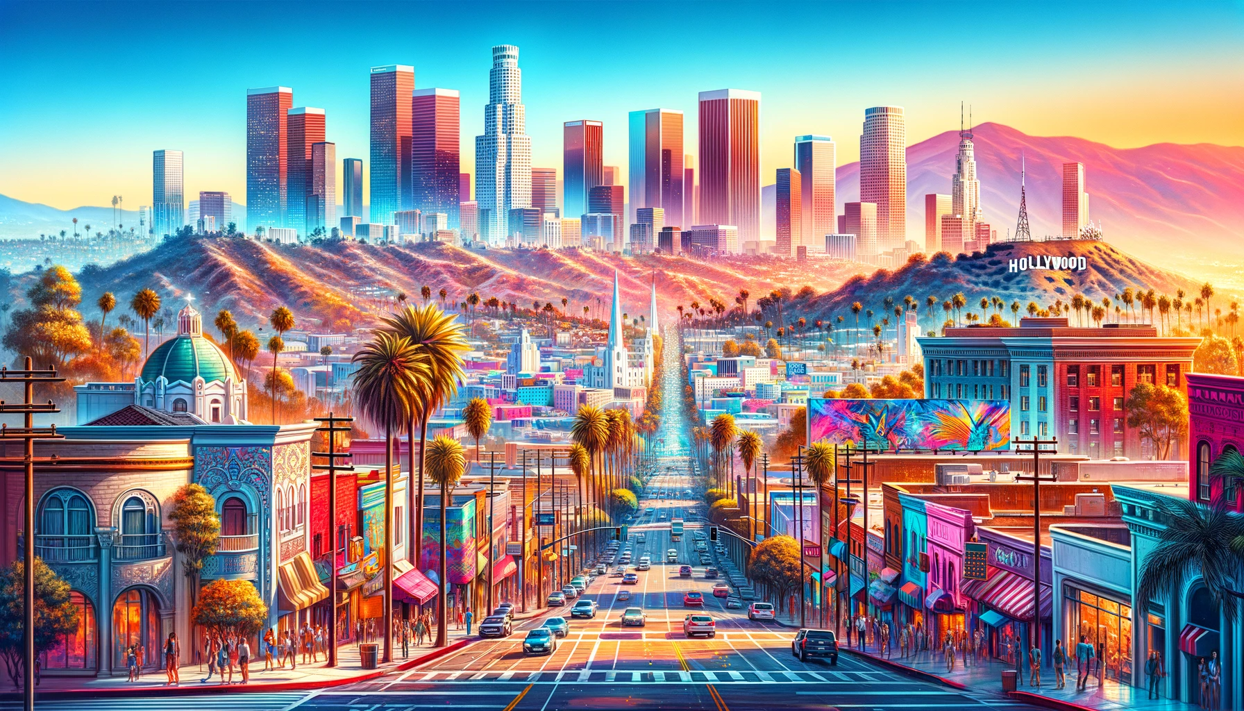 A vibrant and dynamic cityscape of Los Angeles showcasing its iconic skyline, diverse architecture, and bustling streets. The scene includes famous LA.